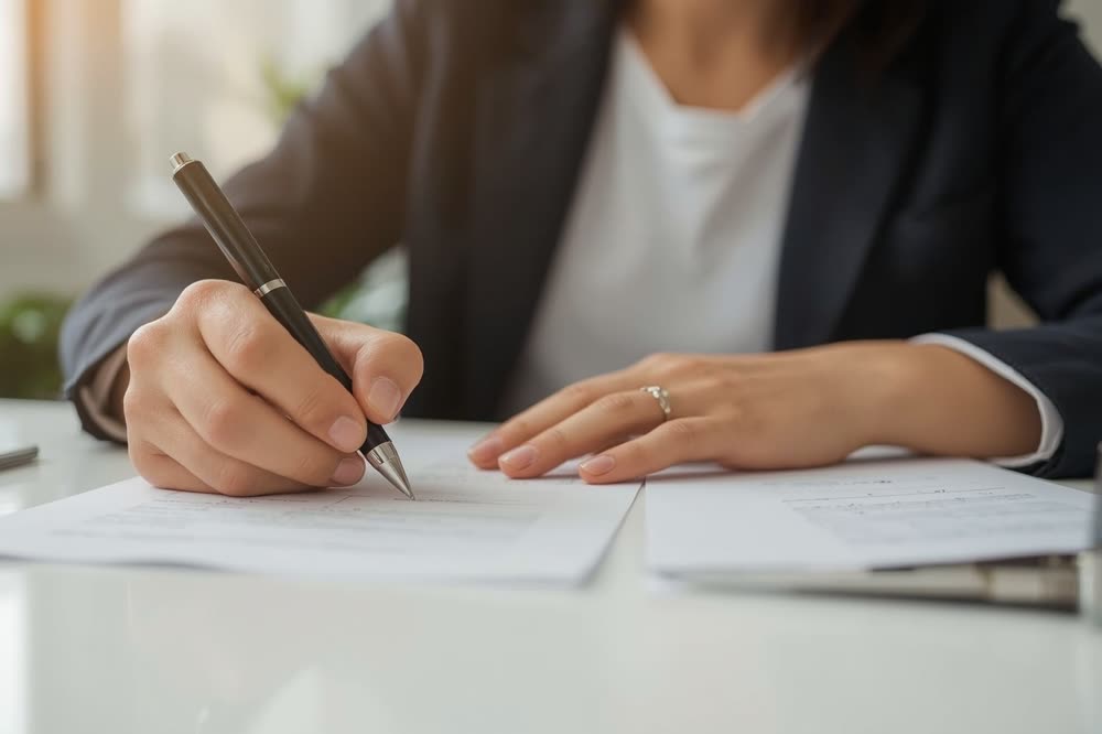 Adulto escrevendo um texto à mão