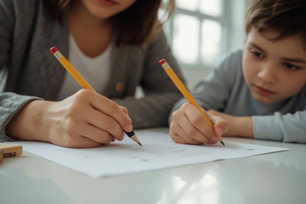 Duas crianças escrevendo com lápis no caderno