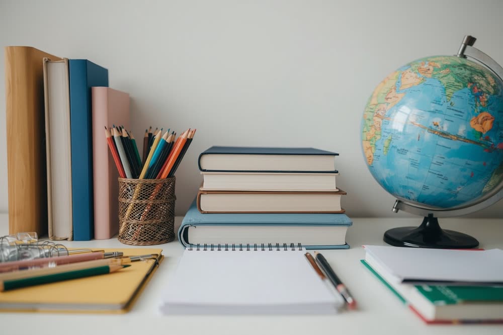 Livros, lápis de cor e globo terrestre sobre a mesa de estudo